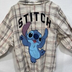 Disney Stitch NWT  Womens XL White Pink‎ Plaid Flannel Button Up Long Sleeve